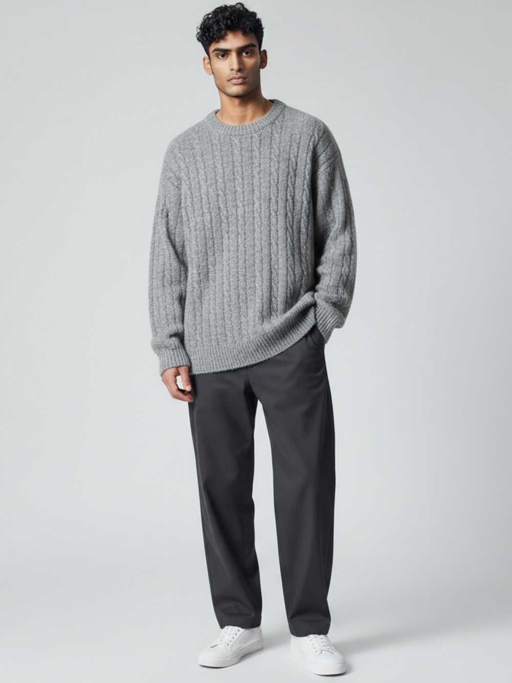 100% Shetland wool Men's Cable Knit Crewneck Sweater - Gray size XL EUC